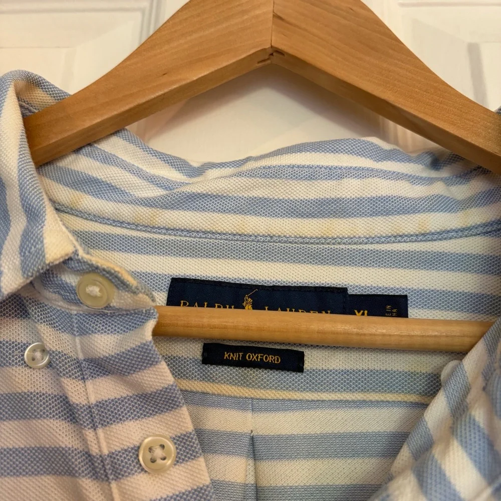 Men’s Ralph Lauren Blue Striped Knit Oxford Short Sleeved Polo Size XL